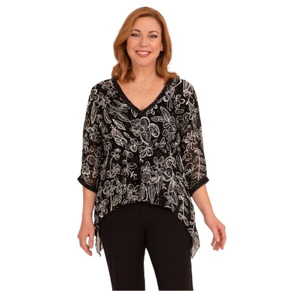 ESSENTIALS BY MILANO Black & White Floral Sequin Blouse, L - Picture 10 of 10